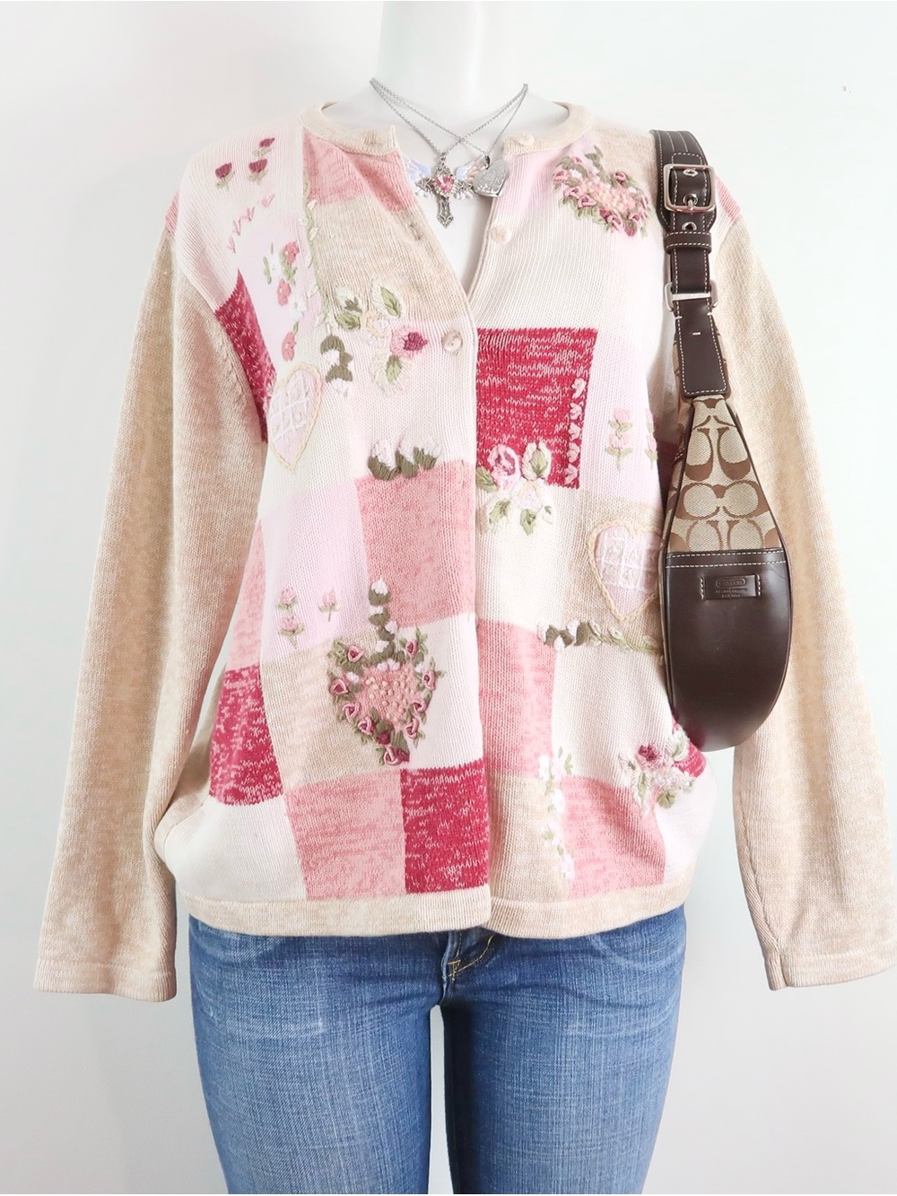 90s tabi embroidered patchwork grandma sweater